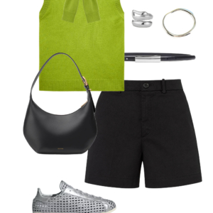 flatlay of an outfit from a Wardrobe Oxygen capsule wardrobe featuring ice blue, lime green, black, and white for a summer to early fall collection