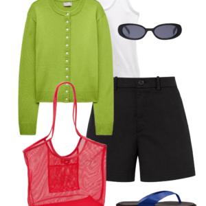 flatlay of an outfit from a Wardrobe Oxygen capsule wardrobe featuring ice blue, lime green, black, and white for a summer to early fall collection