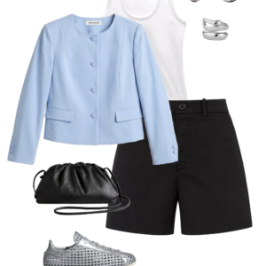 flatlay of an outfit from a Wardrobe Oxygen capsule wardrobe featuring ice blue, lime green, black, and white for a summer to early fall collection