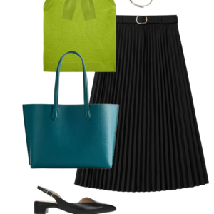 flatlay of an outfit from a Wardrobe Oxygen capsule wardrobe featuring ice blue, lime green, black, and white for a summer to early fall collection