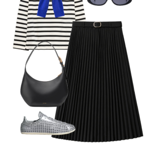 flatlay of an outfit from a Wardrobe Oxygen capsule wardrobe featuring ice blue, lime green, black, and white for a summer to early fall collection