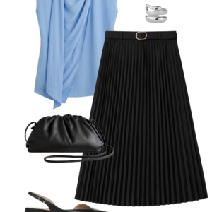 flatlay of an outfit from a Wardrobe Oxygen capsule wardrobe featuring ice blue, lime green, black, and white for a summer to early fall collection