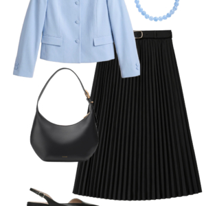 flatlay of an outfit from a Wardrobe Oxygen capsule wardrobe featuring ice blue, lime green, black, and white for a summer to early fall collection