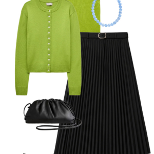 flatlay of an outfit from a Wardrobe Oxygen capsule wardrobe featuring ice blue, lime green, black, and white for a summer to early fall collection