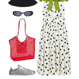flatlay of an outfit from a Wardrobe Oxygen capsule wardrobe featuring ice blue, lime green, black, and white for a summer to early fall collection