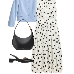 flatlay of an outfit from a Wardrobe Oxygen capsule wardrobe featuring ice blue, lime green, black, and white for a summer to early fall collection