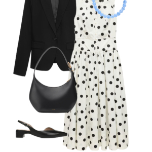 flatlay of an outfit from a Wardrobe Oxygen capsule wardrobe featuring ice blue, lime green, black, and white for a summer to early fall collection