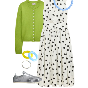 flatlay of an outfit from a Wardrobe Oxygen capsule wardrobe featuring ice blue, lime green, black, and white for a summer to early fall collection