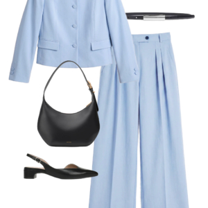 flatlay of an outfit from a Wardrobe Oxygen capsule wardrobe featuring ice blue, lime green, black, and white for a summer to early fall collection