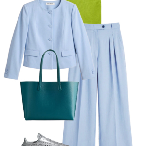 flatlay of an outfit from a Wardrobe Oxygen capsule wardrobe featuring ice blue, lime green, black, and white for a summer to early fall collection