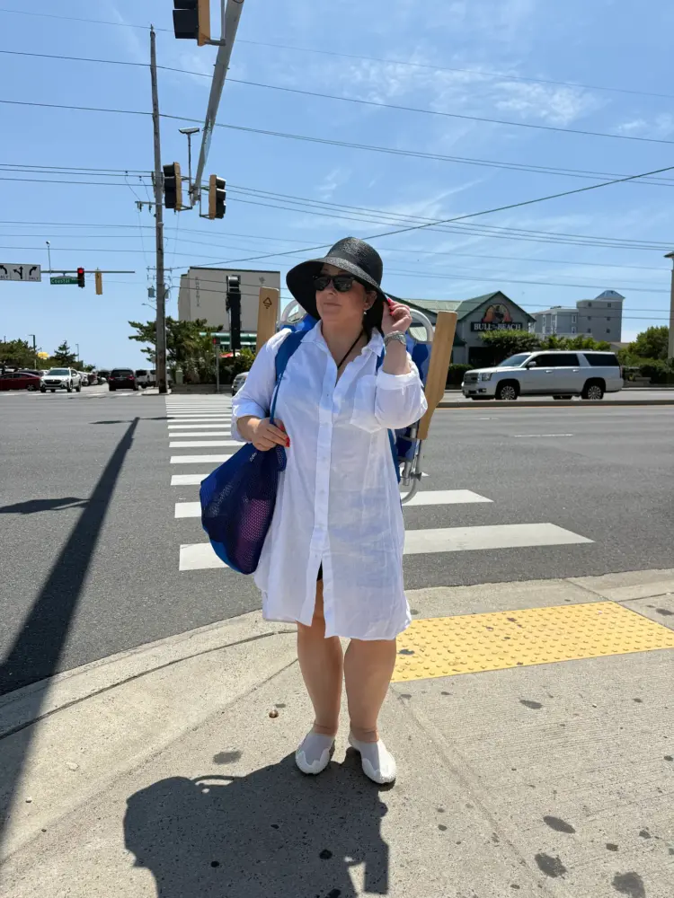 What I Wore Recently: July 2026 7 alison gary in OCMD in a Quince linen shirtdress, black Solbari packable straw hat, and Puma water shoes