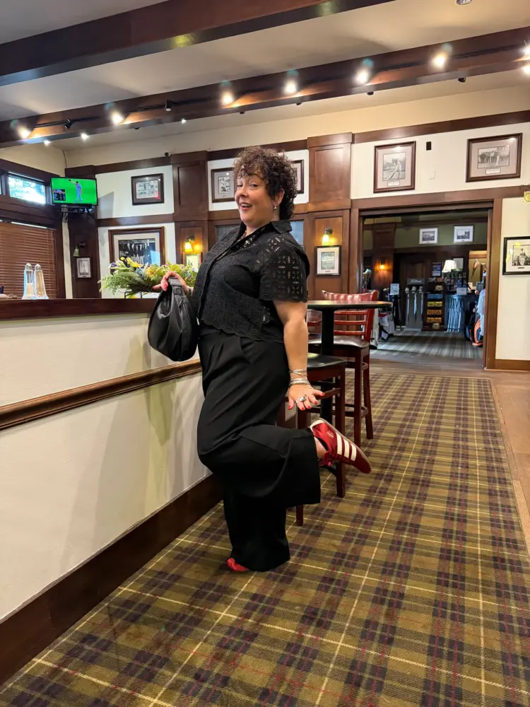 What I Wore Recently: July 2026 3 alison gary of wardrobe oxygen in a black eyelet shirt from M.M.LaFleur with black LOFT Versal pants