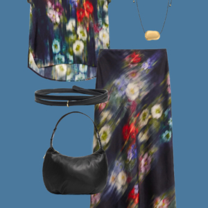 l1 Sample outfit from a Wardrobe Oxygen capsule wardrobe mixing ivory, black, and a bold watercolor print from M.M.LaFleur.