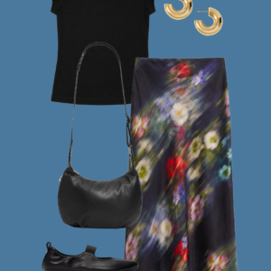 l10 Sample outfit from a Wardrobe Oxygen capsule wardrobe mixing ivory, black, and a bold watercolor print from M.M.LaFleur.