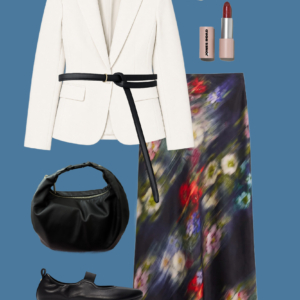 l11 Sample outfit from a Wardrobe Oxygen capsule wardrobe mixing ivory, black, and a bold watercolor print from M.M.LaFleur.