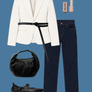 l12 Sample outfit from a Wardrobe Oxygen capsule wardrobe mixing ivory, black, and a bold watercolor print from M.M.LaFleur.