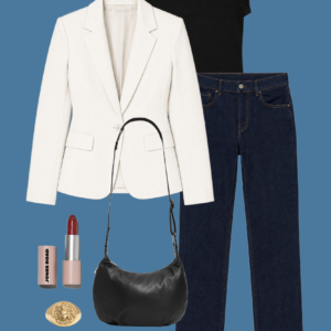 l13 Sample outfit from a Wardrobe Oxygen capsule wardrobe mixing ivory, black, and a bold watercolor print from M.M.LaFleur.