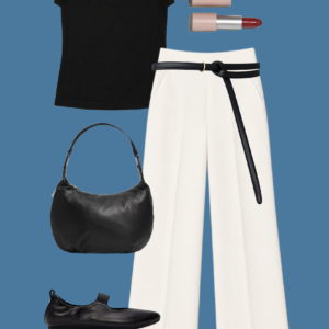 l15 Sample outfit from a Wardrobe Oxygen capsule wardrobe mixing ivory, black, and a bold watercolor print from M.M.LaFleur.