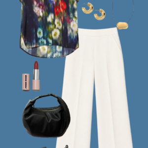 l2 Sample outfit from a Wardrobe Oxygen capsule wardrobe mixing ivory, black, and a bold watercolor print from M.M.LaFleur.