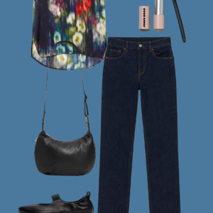 l3 Sample outfit from a Wardrobe Oxygen capsule wardrobe mixing ivory, black, and a bold watercolor print from M.M.LaFleur.