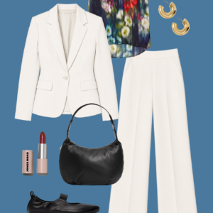 l4 Sample outfit from a Wardrobe Oxygen capsule wardrobe mixing ivory, black, and a bold watercolor print from M.M.LaFleur.