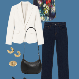 l5 Sample outfit from a Wardrobe Oxygen capsule wardrobe mixing ivory, black, and a bold watercolor print from M.M.LaFleur.