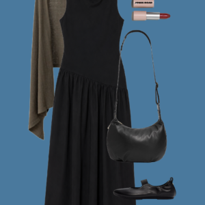 l7 Sample outfit from a Wardrobe Oxygen capsule wardrobe mixing ivory, black, and a bold watercolor print from M.M.LaFleur.