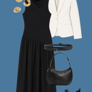 l8 Sample outfit from a Wardrobe Oxygen capsule wardrobe mixing ivory, black, and a bold watercolor print from M.M.LaFleur.