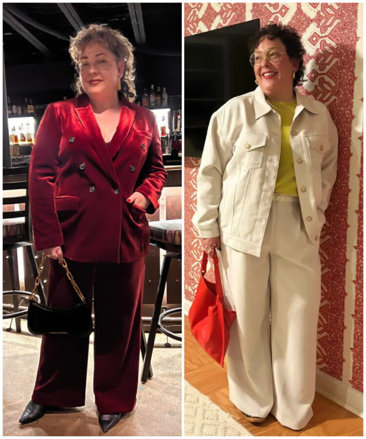 alison gary of wardrobe oxygen wearing petite pantsuits from LOFT