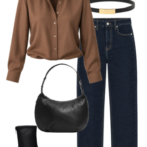 Fall outfit with brown button-front shirt, dark straight-leg jeans, black ankle boots, black shoulder bag and gold jewelry
