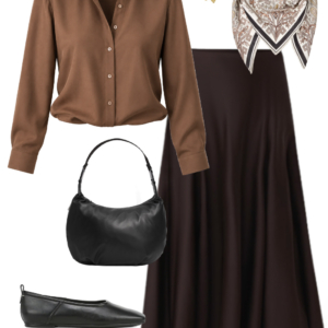 Brown button-front shirt tucked into a chocolate satin midi skirt with black flats, silk scarf, shoulder bag and gold earrings
