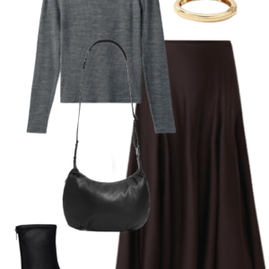 Gray merino turtleneck with chocolate satin midi skirt, black ankle boots, shoulder bag and gold jewelry