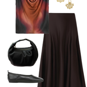 Rust and black printed top with chocolate satin midi skirt, black flats, shoulder bag and gold earrings