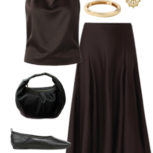 Brown satin draped-neck top with chocolate midi skirt, black flats, shoulder bag and gold jewelry