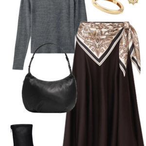 Gray merino turtleneck with chocolate satin midi skirt, black ankle boots, silk scarf and shoulder bag
