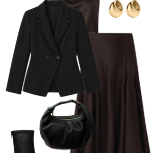 Brown satin draped-neck top with chocolate midi skirt, black flats, shoulder bag and gold jewelry