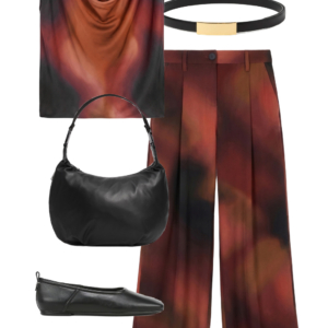 Rust and black printed top with matching wide-leg pants, black flats, shoulder bag, belt and gold jewelry