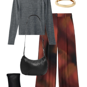 Gray merino turtleneck with rust and black printed wide-leg pants, black ankle boots, shoulder bag and gold jewelry