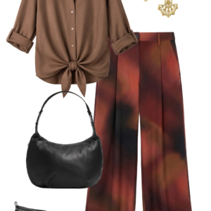 Brown button-front shirt tied at the waist with printed wide-leg pants, black flats, shoulder bag and gold earrings