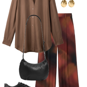 Brown relaxed button-front shirt with printed wide-leg pants, black sneakers, shoulder bag, sunglasses and gold earrings