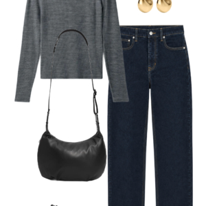 Gray merino turtleneck with dark straight-leg jeans, black sneakers, black shoulder bag, sunglasses and gold earrings