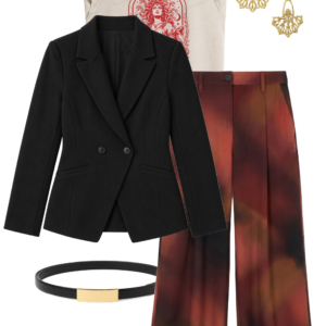 Ivory graphic T-shirt with printed wide-leg pants, black ponte blazer, black sneakers, sunglasses and belt