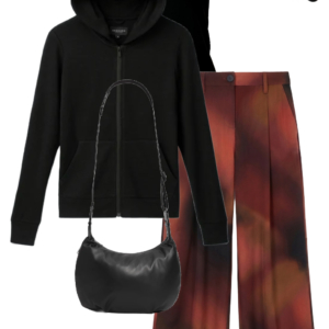 Black merino hoodie with printed wide-leg pants, black sneakers, shoulder bag and sunglasses