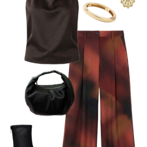 Brown satin draped-neck top with printed wide-leg pants, black ankle boots, shoulder bag and gold jewelry