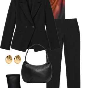 Rust and black printed top with black ponte blazer and black pants, ankle boots, shoulder bag and gold earrings