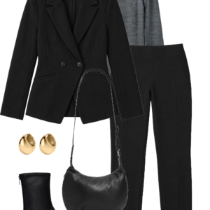 Gray merino turtleneck with black ponte blazer and black pants, ankle boots, shoulder bag and gold jewelry