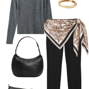Gray merino turtleneck with black pants, silk scarf, black flats, shoulder bag and gold earrings