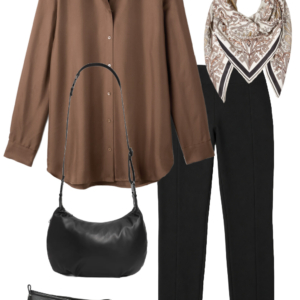 Brown relaxed button-front shirt with black pants, silk scarf, black flats, shoulder bag and gold earrings