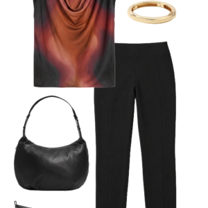 Rust and black printed top with black pants, black flats, shoulder bag and gold jewelry
