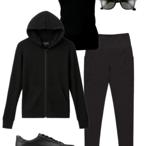 Black tank, merino leggings and black hoodie with black sneakers and sunglasses for a comfortable active travel outfit
